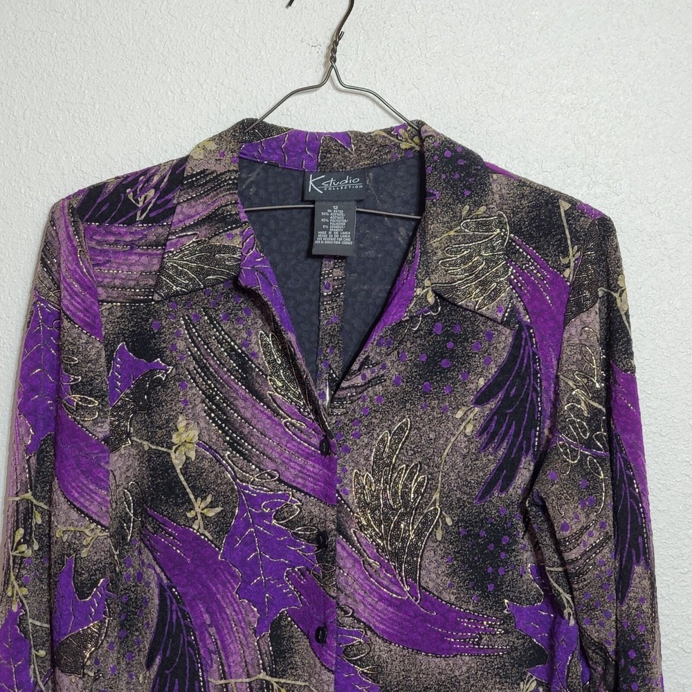 K Studio Collection Womens  Size 12 Long Sleeve Button Blouse Purple Black Gold - Picture 11 of 11